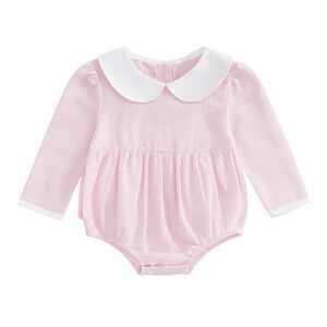 Ruffle Butt Gingham Pink and White Baby Romper Peter Pan Collar 0-3 Months